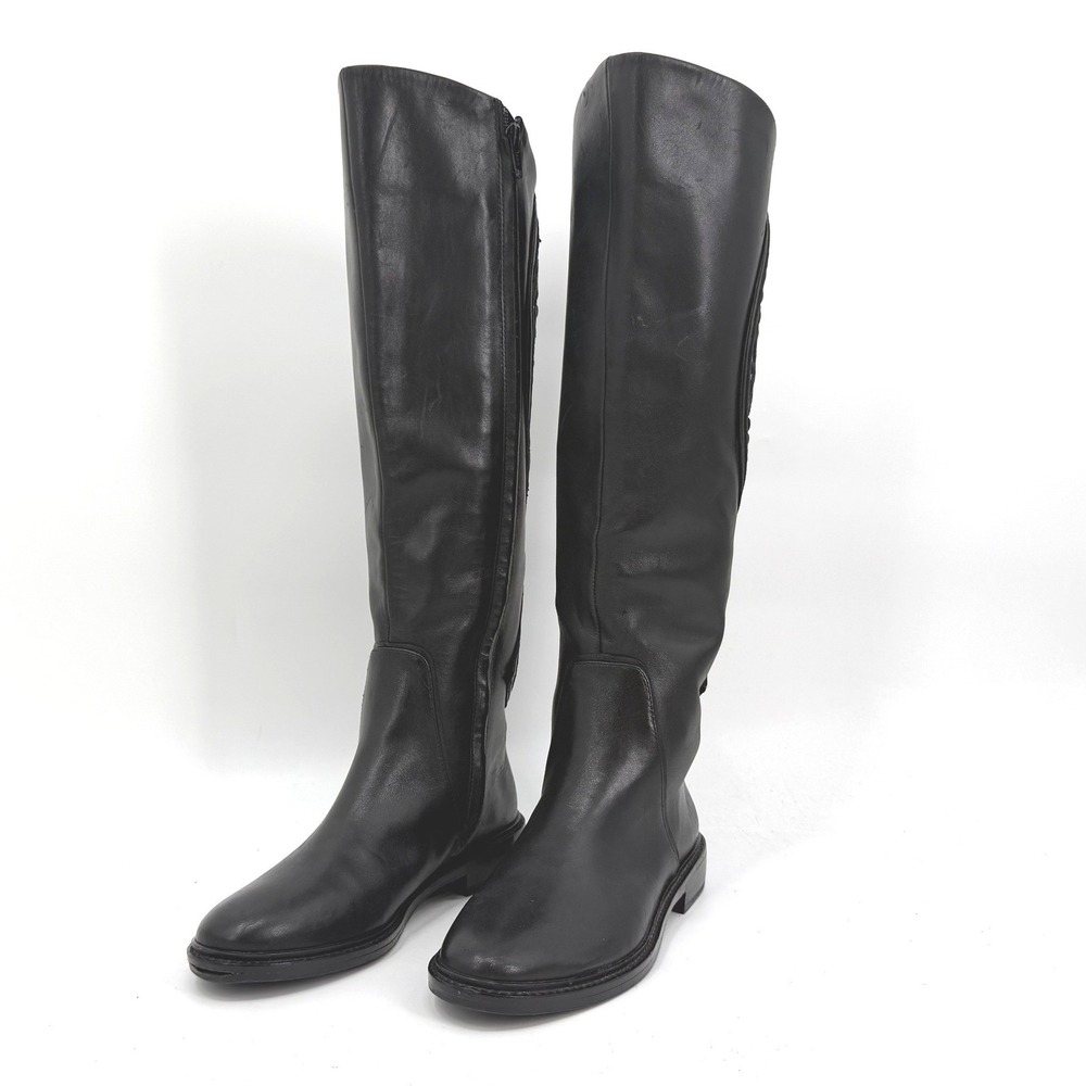 Gianni Bini 5.5M Tall Riding Boots Black Leather Embroidered Floral Side Zipper